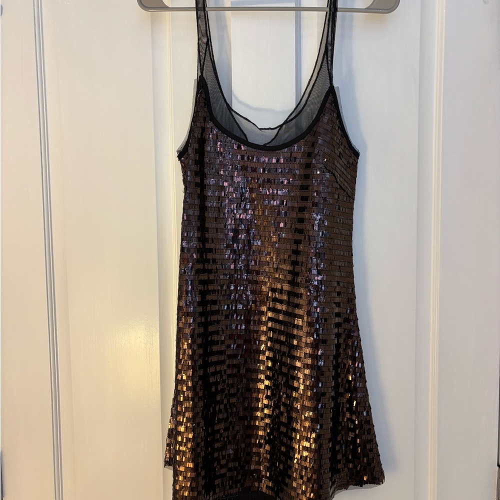 Free People Bronze Sequin Slip Dress with Mesh Trim